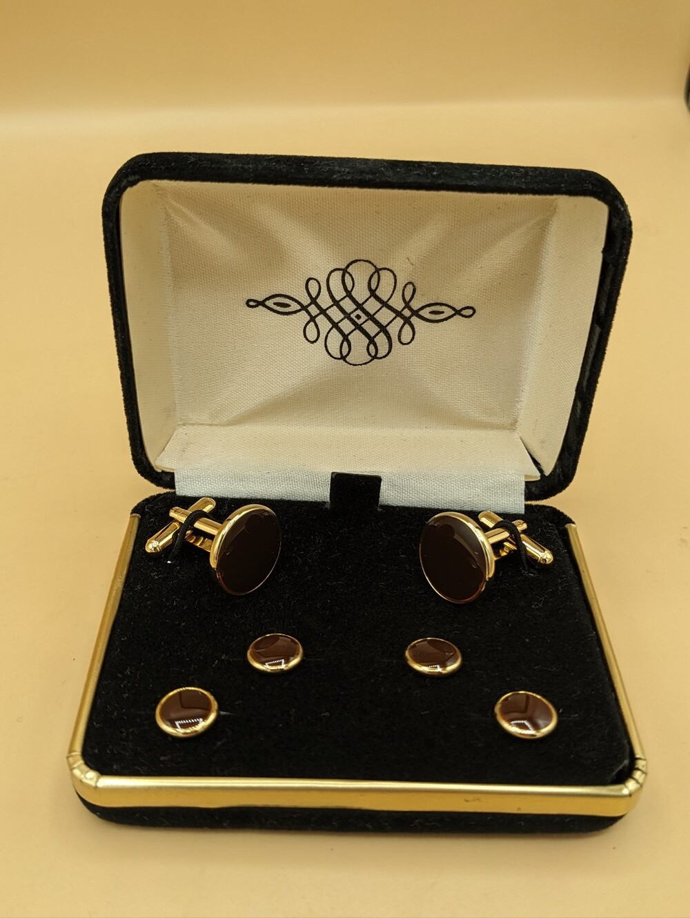 Gold Tone Brown Cuff Links & Tuxedo Studs Set Men’s Formal Wear Boxed Vintage